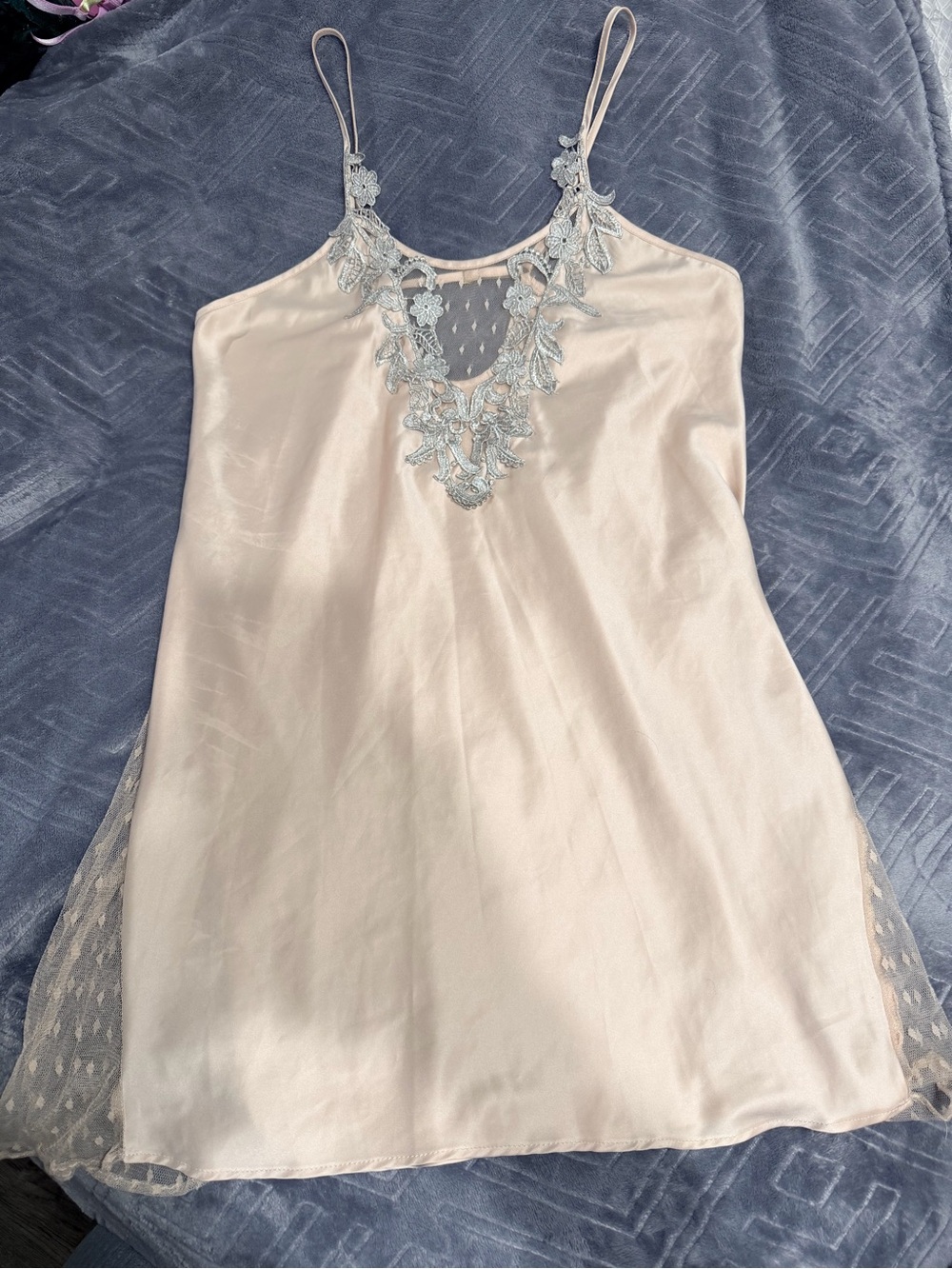 Embroidered Lace Trim Satin Slip Dress - Blush Pink
